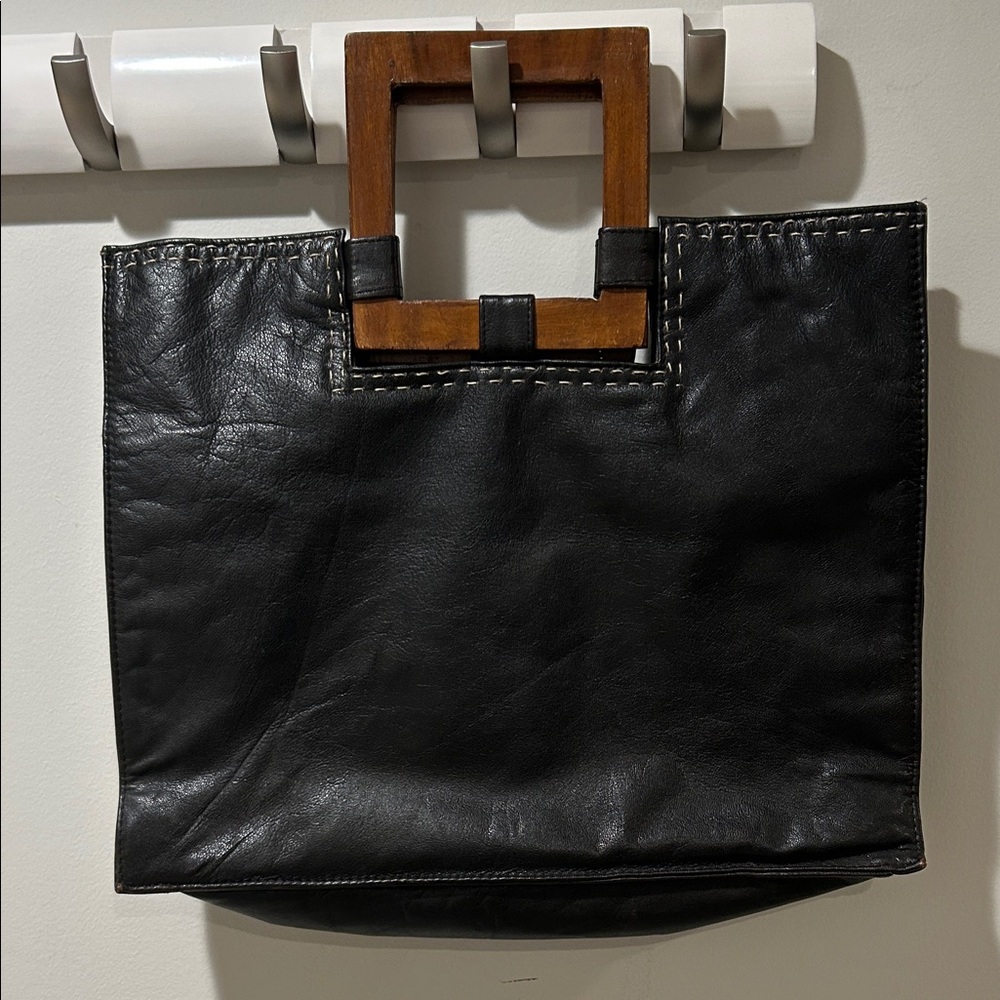 Black Leather Tote with Wooden Handles